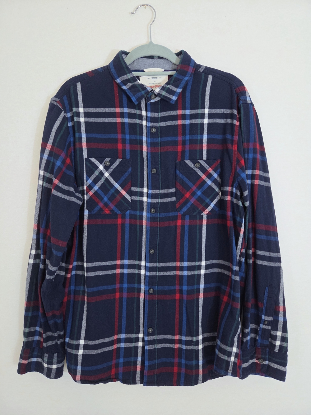 urban pipeline Navy Plaid Button-Down Shirt with Red & White Accents